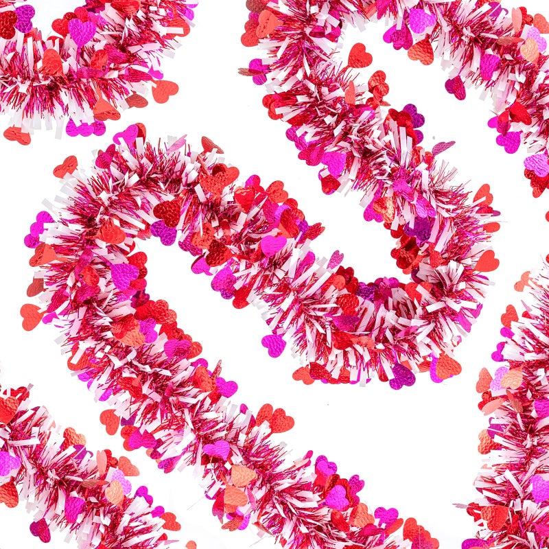 Jocomoni 33Ft Valentine's Day Heart Tinsel Garland, Red Pink White Metallic Twisted Tinsel with Heart Confetti Glitter Hanging Garland for Valentine's Day Decoration - Image 4