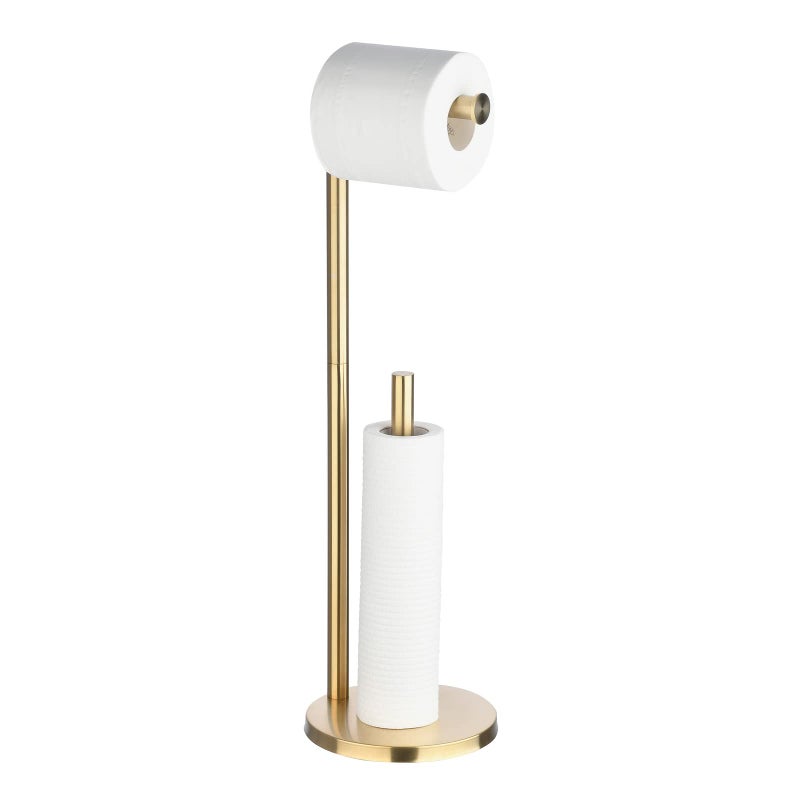 Gudetap Toilet Paper Roll Holder Stand Brush Gold Bathroom Free Standing Toilet Tissue Paper Roll Holder Stand with Reserve Function GTA7982BG - Image 1