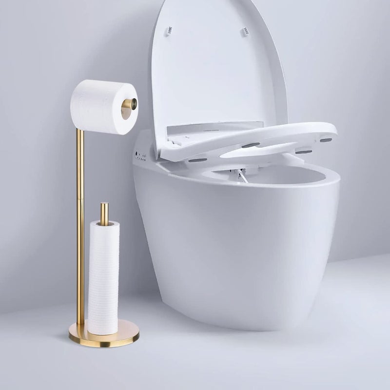 Gudetap Toilet Paper Roll Holder Stand Brush Gold Bathroom Free Standing Toilet Tissue Paper Roll Holder Stand with Reserve Function GTA7982BG - Image 2