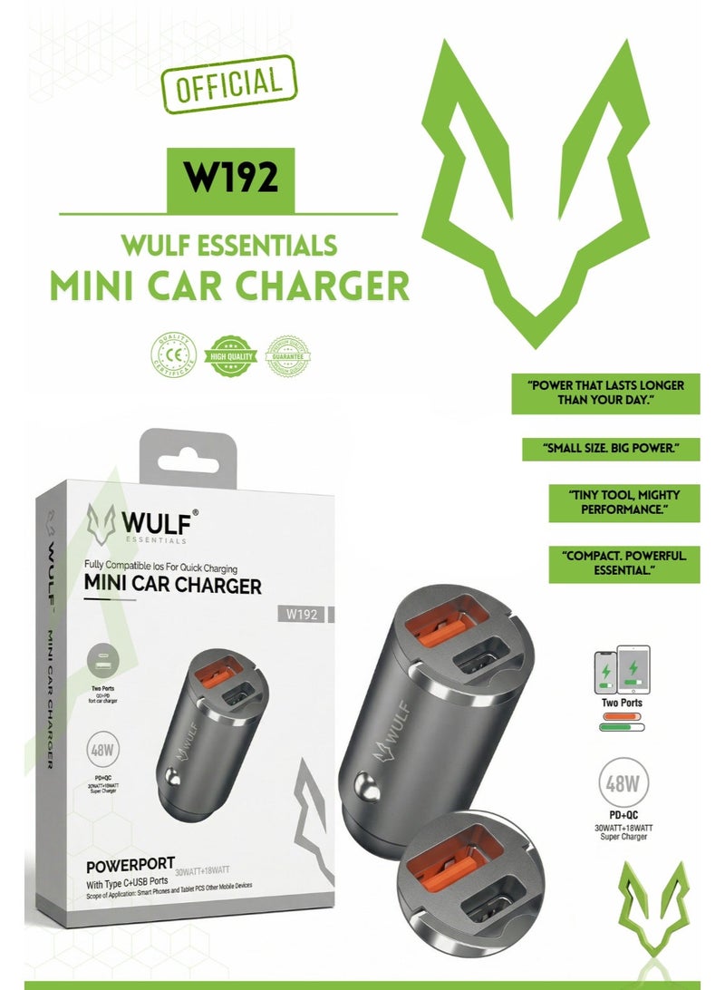 وولف إسينشيالز شاحن سيارة صغير W192 من WULF Essentials بقوة 48 واط - شحن سريع بمنفذين (Type-C + USB) - Image 2
