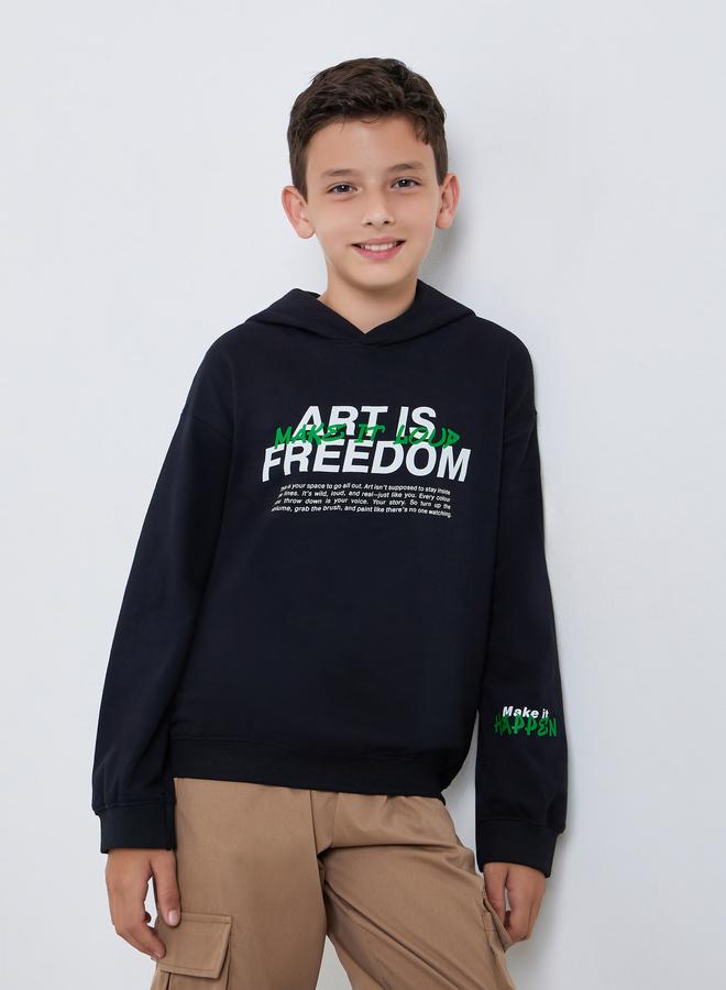 Styli Teens Black Graphic Print Cotton Hoodie - Image 1