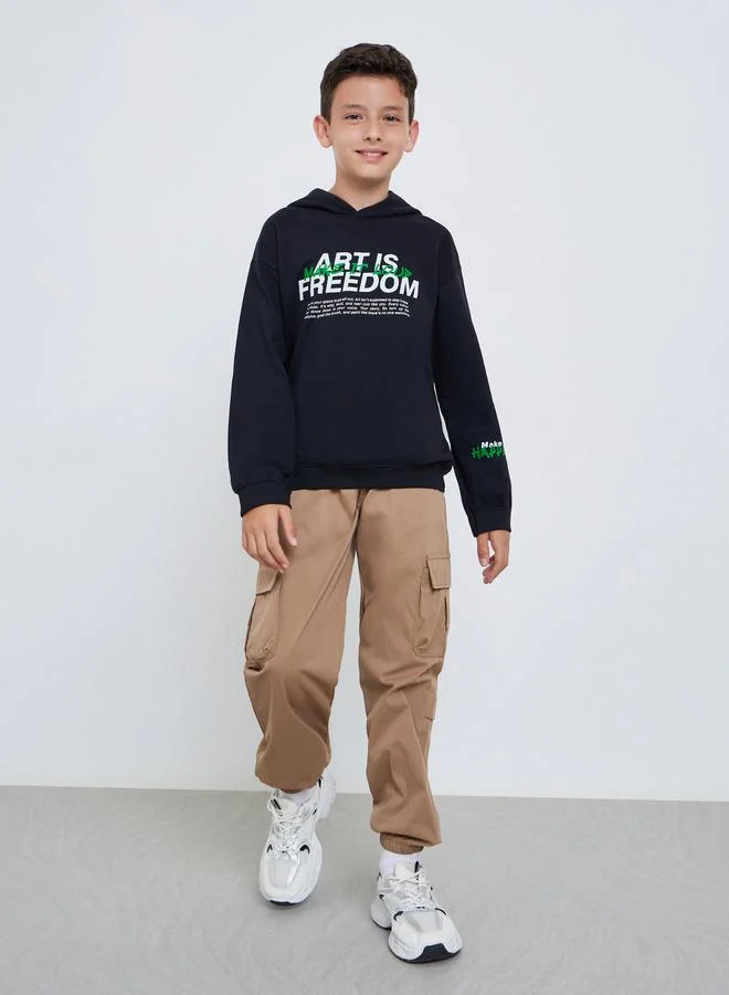 ستايلي Teens Black Graphic Print Cotton Hoodie