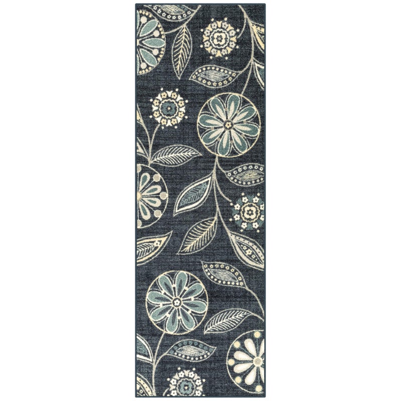 Maples Rugs Reggie Floral Runner Rug  Made in USA  Washable Non Slip Indoor Carpet for Kitchen Hallway and Laundry Room 2 x 6 Persian Blue