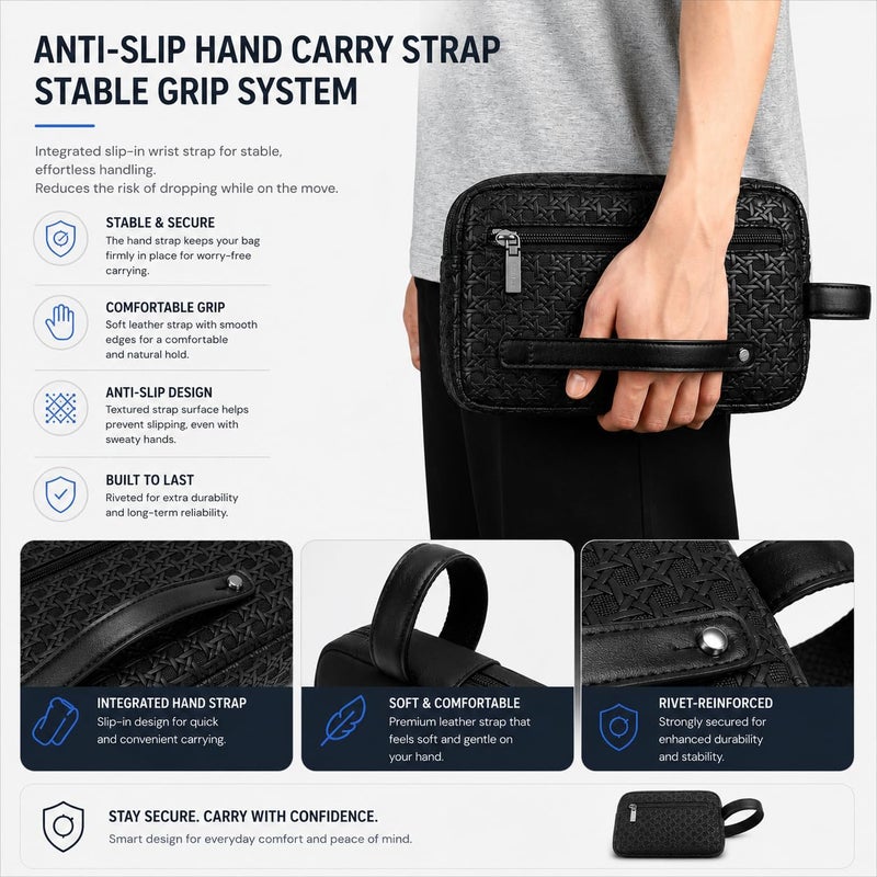 RAHALA Men's Travel Toiletry Bag, Large Capacity Organizer Pouch with Multiple Compartments, Wrist Strap, Water-Resistant Storage Bag for Passport, Phone, Cash & Daily Essentials, Black, RAL6332-1 - Image 2