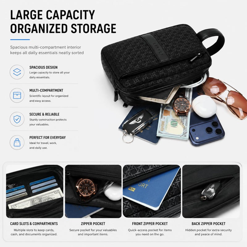 RAHALA Men's Travel Toiletry Bag, Large Capacity Organizer Pouch with Multiple Compartments, Wrist Strap, Water-Resistant Storage Bag for Passport, Phone, Cash & Daily Essentials, Black, RAL6332-1 - Image 4