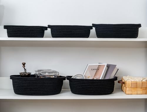 CubesLand Small Cotton Rope Storage Basket Set 5 Shelves Baskets for Organizing with Handle Decorative Closet Storage Bins for Countertop Toilet Paper Basket for Toilet Tank TopBlack Basket - Image 3