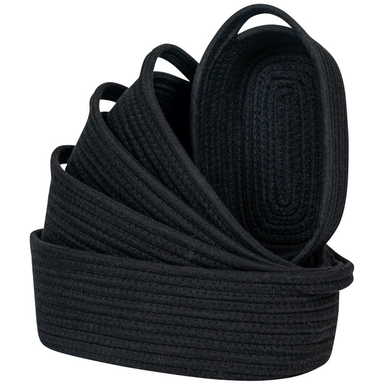 CubesLand Small Cotton Rope Storage Basket Set 5 Shelves Baskets for Organizing with Handle Decorative Closet Storage Bins for Countertop Toilet Paper Basket for Toilet Tank TopBlack Basket - Image 2