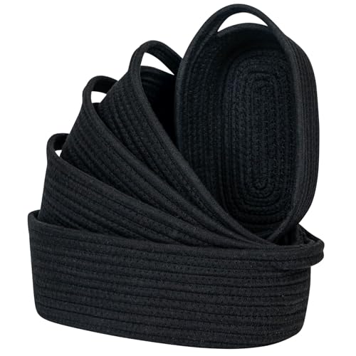 CubesLand Small Cotton Rope Storage Basket Set 5 Shelves Baskets for Organizing with Handle Decorative Closet Storage Bins for Countertop Toilet Paper Basket for Toilet Tank TopBlack Basket - Image 1