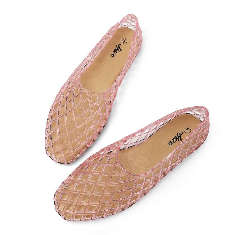 HEVA Womens Jelly Mesh Flats Breathable Clear Hollow Shoes Summer Beach Jellies Ballet Sandals6 M US Pink