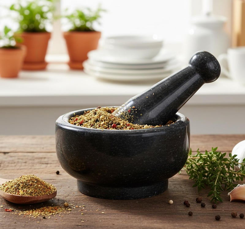 KLEO 5" Wide Black Natural Stone Mortar and Pestle Set as Spice, Medicine Grinder Masher - Okhli And Musal - Image 1