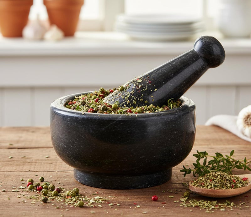KLEO 5" Wide Black Natural Stone Mortar and Pestle Set as Spice, Medicine Grinder Masher - Okhli And Musal - Image 2