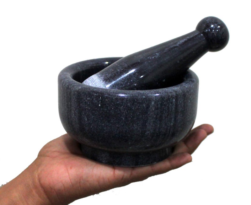 KLEO 5" Wide Black Natural Stone Mortar and Pestle Set as Spice, Medicine Grinder Masher - Okhli And Musal - Image 3