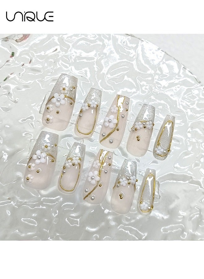 Unique 24Pcs Fake Nails, Press Nails, Mid-length Ballet Manicure - Sparkling Gold-edged Diamond Manicure - Sakura Pearl Nail Art - Fake Nail Patch - Image 2