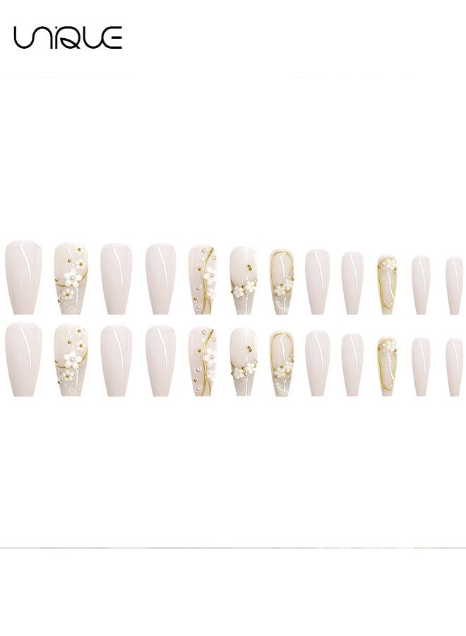 Unique 24Pcs Fake Nails, Press Nails, Mid-length Ballet Manicure - Sparkling Gold-edged Diamond Manicure - Sakura Pearl Nail Art - Fake Nail Patch - Image 4