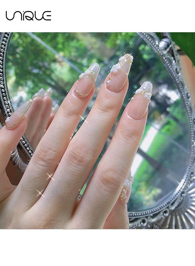 Unique 24Pcs Fake Nails, Press Nails, Mid-length Ballet Manicure - Sparkling Gold-edged Diamond Manicure - Sakura Pearl Nail Art - Fake Nail Patch - Image 5