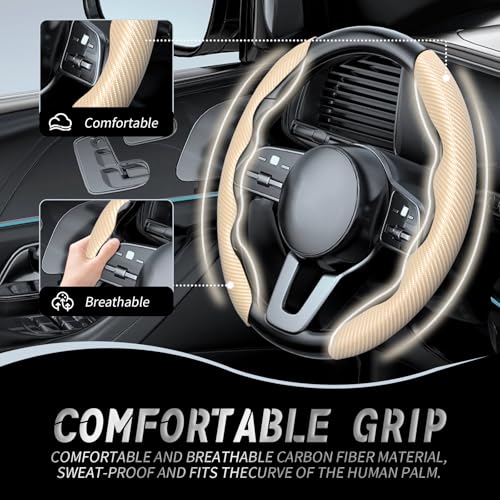 WOCOCN 2pcs Car Steering Wheel Cover,Anti-Skid Carbon Fiber Steering Wheel Protector for Men Women,Multiple Color Options,Universal for Most Car Interiors Accessories (Beige) - Image 2