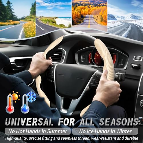 WOCOCN 2pcs Car Steering Wheel Cover,Anti-Skid Carbon Fiber Steering Wheel Protector for Men Women,Multiple Color Options,Universal for Most Car Interiors Accessories (Beige) - Image 4