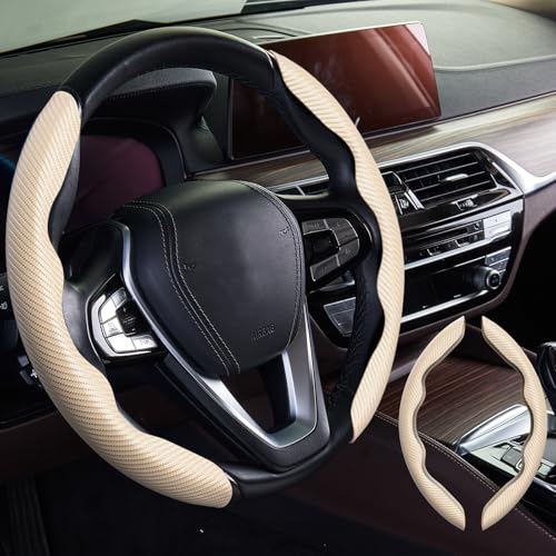 WOCOCN 2pcs Car Steering Wheel Cover,Anti-Skid Carbon Fiber Steering Wheel Protector for Men Women,Multiple Color Options,Universal for Most Car Interiors Accessories (Beige) - Image 1