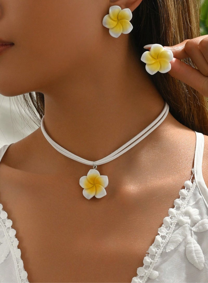 Accessories set featuring a Hawaiian flower necklace and earrings that add a soft feminine touch — perfect for summer parties, beach outings, vacations, and seaside occasions. - Image 1