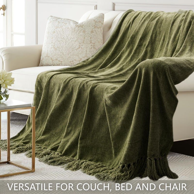 LONG CREATE Chenille Throw Blanket for Couch 50"X 60", Soft Cozy Throws with Fringe Tassel for Bed Sofa Chair Cover, Lightweight Knitted Decorative Boho Blankets for Living Room, Olive Green - Image 4