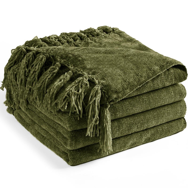 LONG CREATE Chenille Throw Blanket for Couch 50"X 60", Soft Cozy Throws with Fringe Tassel for Bed Sofa Chair Cover, Lightweight Knitted Decorative Boho Blankets for Living Room, Olive Green - Image 1