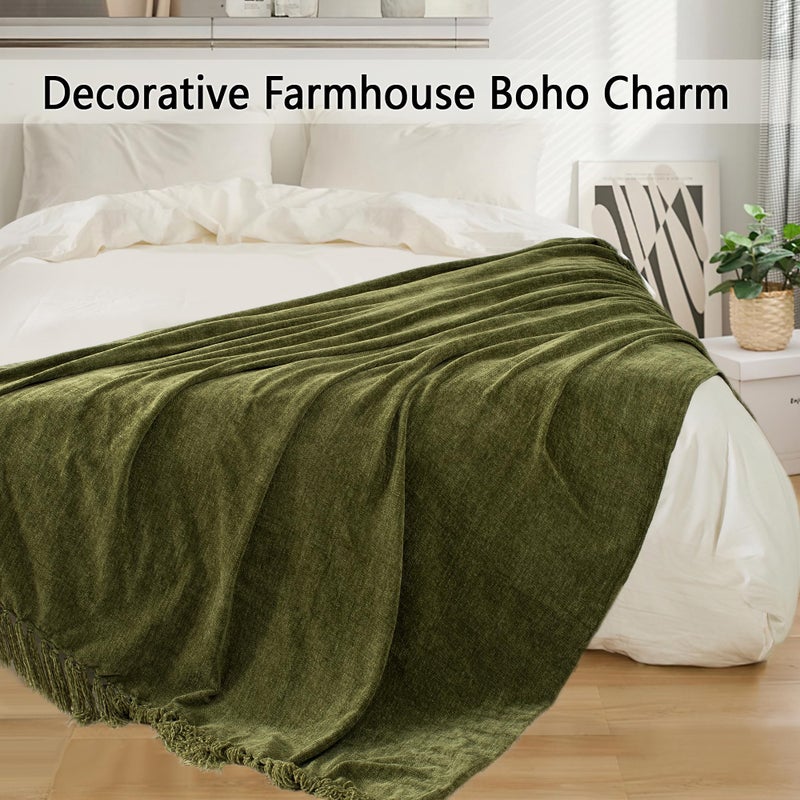 LONG CREATE Chenille Throw Blanket for Couch 50"X 60", Soft Cozy Throws with Fringe Tassel for Bed Sofa Chair Cover, Lightweight Knitted Decorative Boho Blankets for Living Room, Olive Green - Image 5