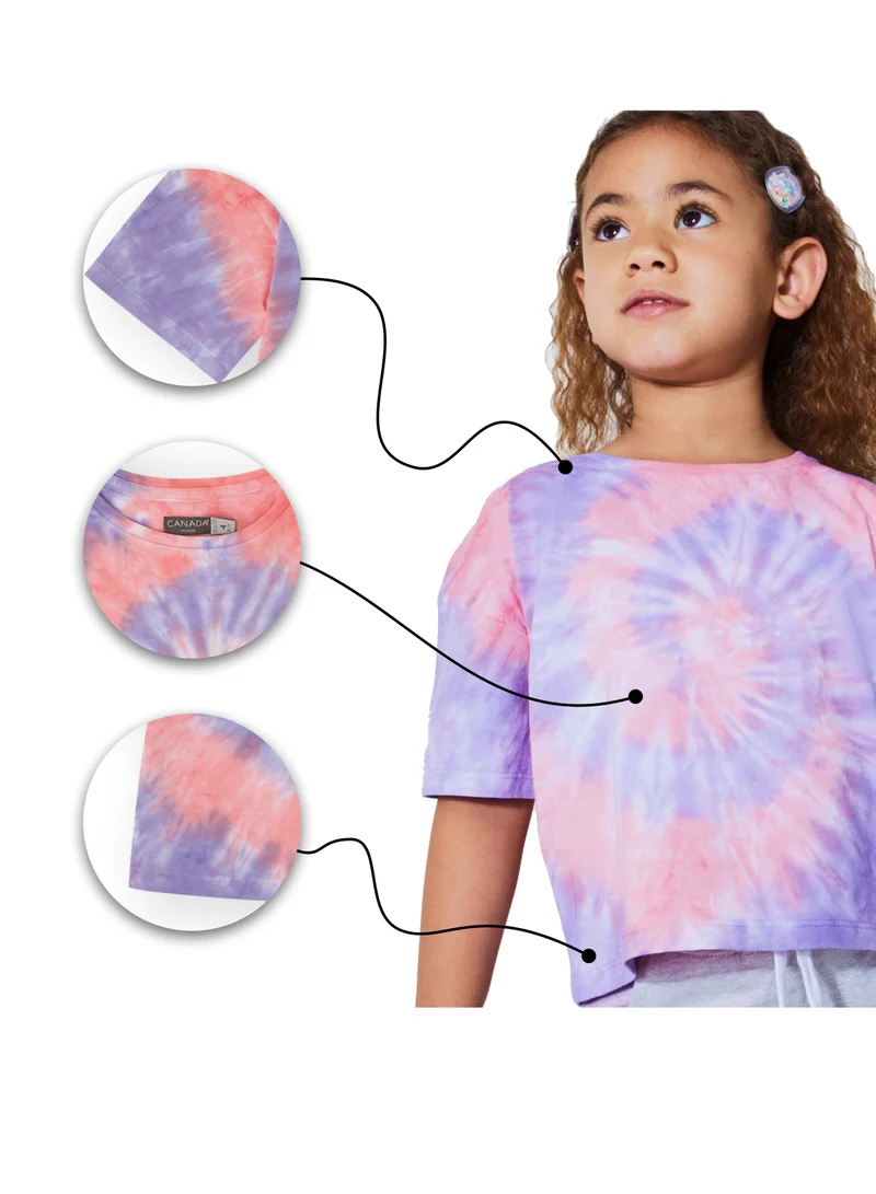 CANADA HOUSE Soft and Comfortable Tie-Dye Violet Pink T-shirt with Short Sleeves and Round Neckline for Girls