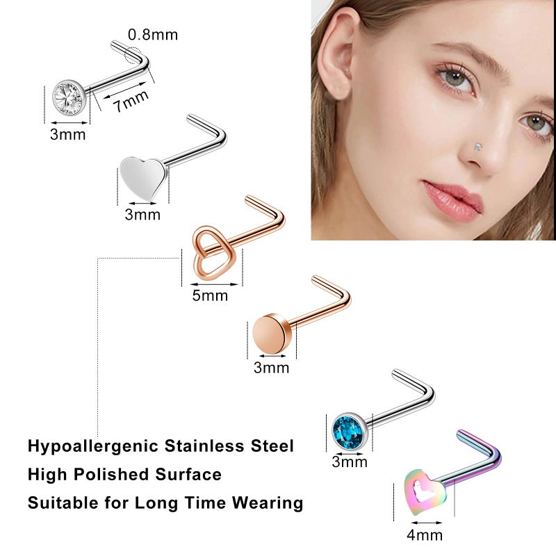 ONESING 44 Pcs 20G Nose Rings Studs Nose Piercings for Women and Men Surgical Steel Moon Star Heart L Shapes Nose Rings Hypoallergenic Nose Studs Body Piercings - Image 2