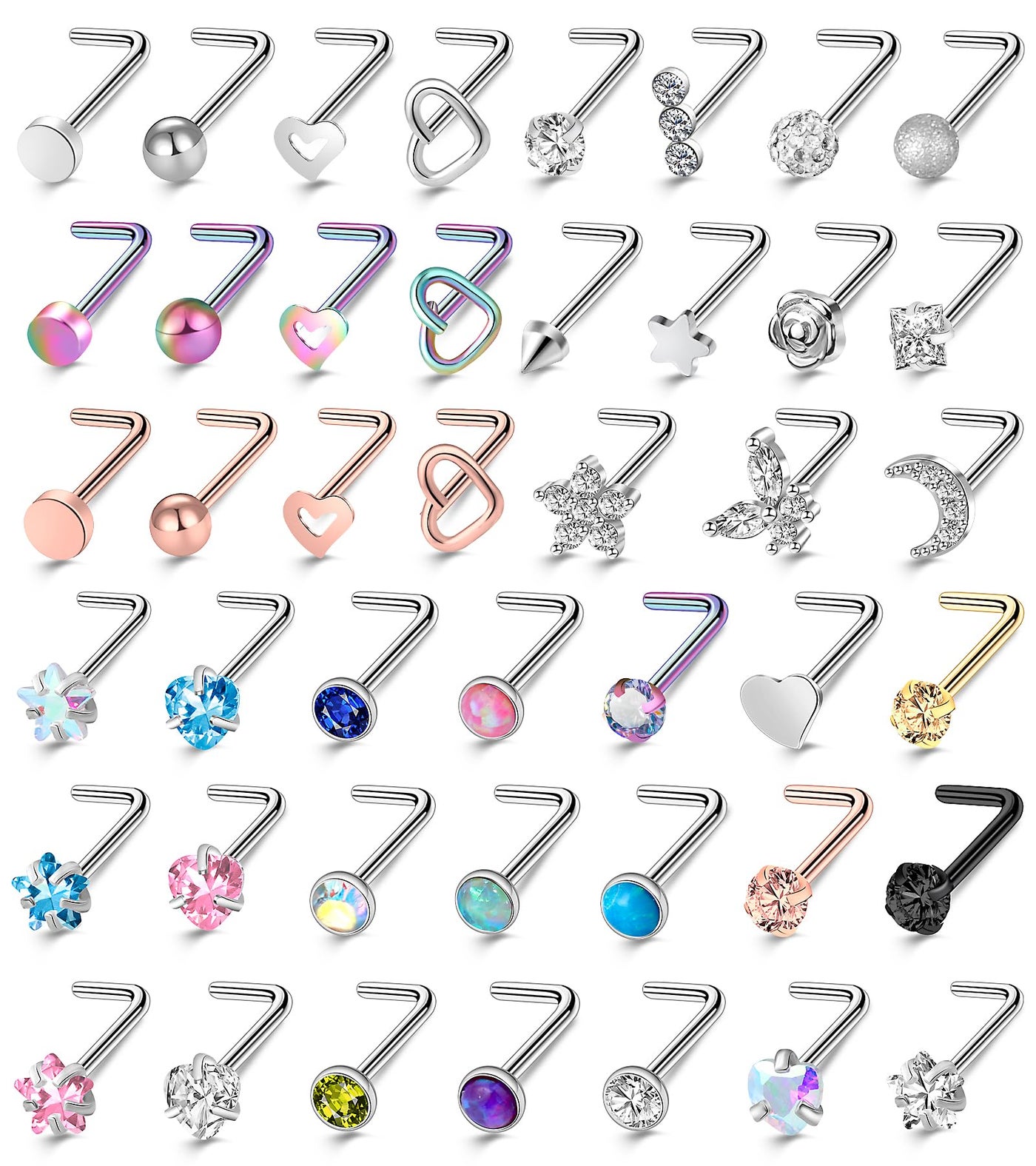 ONESING 44 Pcs 20G Nose Rings Studs Nose Piercings for Women and Men Surgical Steel Moon Star Heart L Shapes Nose Rings Hypoallergenic Nose Studs Body Piercings