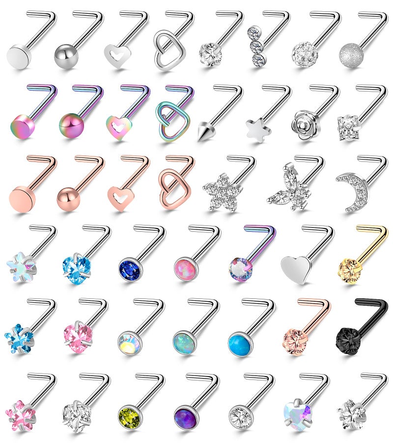 ONESING 44 Pcs 20G Nose Rings Studs Nose Piercings for Women and Men Surgical Steel Moon Star Heart L Shapes Nose Rings Hypoallergenic Nose Studs Body Piercings - Image 1