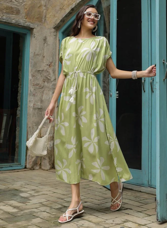 sanskrutihomes Sanskrutihomes Printed Ruched Waist Nightdress with Side Slit