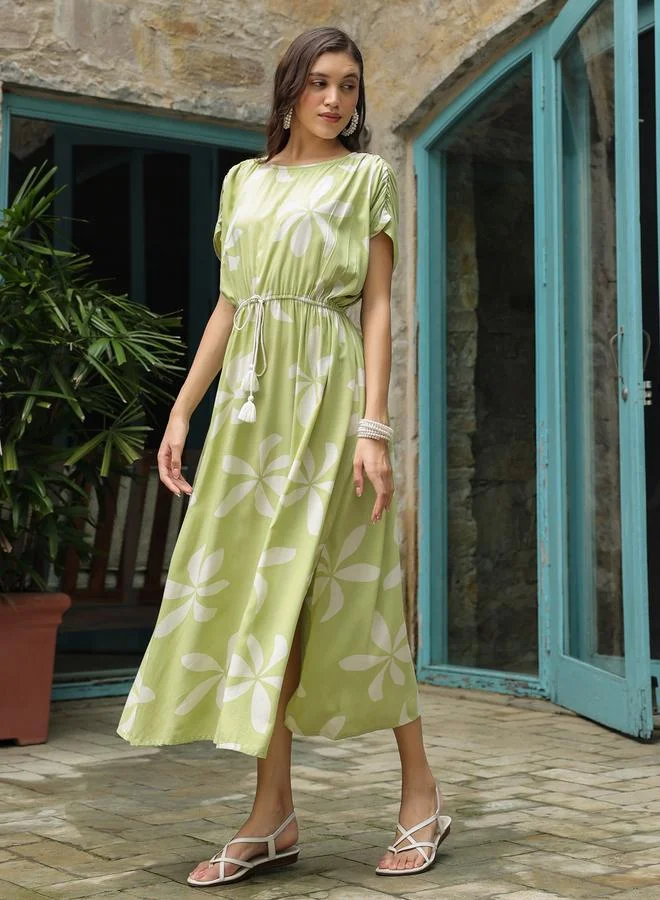 sanskrutihomes Sanskrutihomes Printed Ruched Waist Nightdress with Side Slit