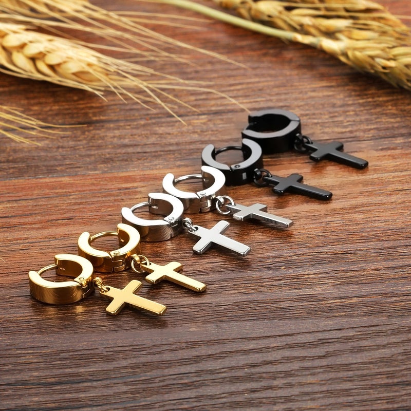 Cupimatch 3 Pairs Stainless Steel Cross Dangle Huggie Hinged Hoop Earrings for Men Women for Christmas - Image 5