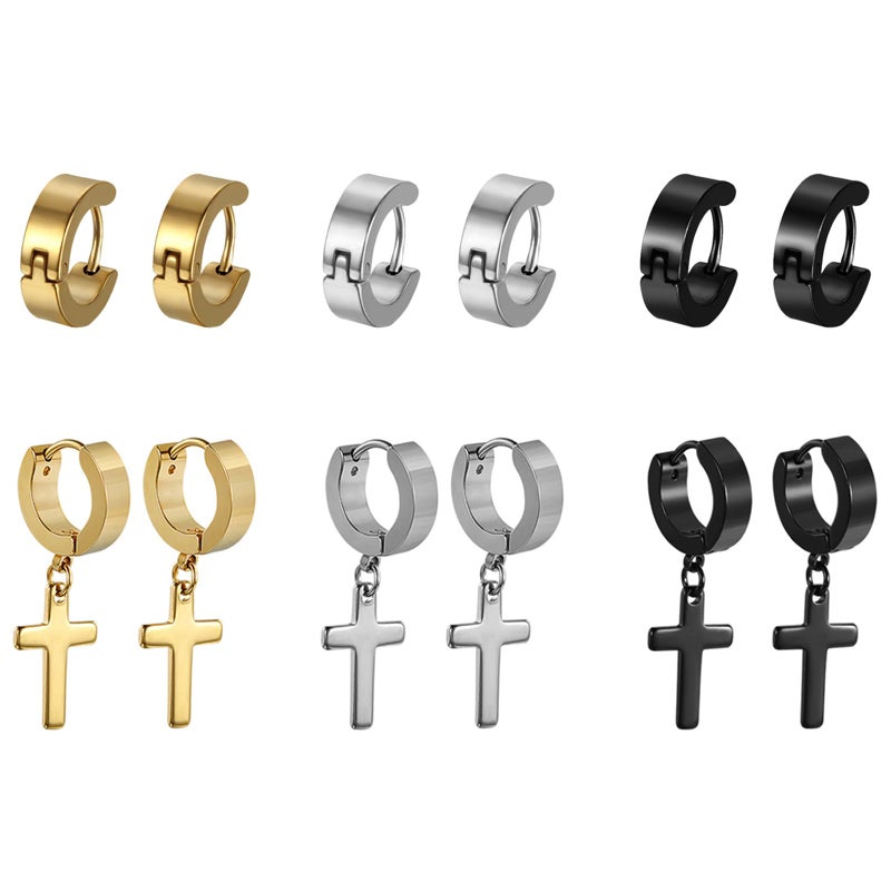 Cupimatch 3 Pairs Stainless Steel Cross Dangle Huggie Hinged Hoop Earrings for Men Women for Christmas - Image 2