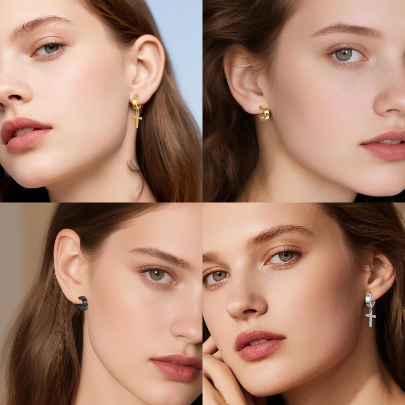 Cupimatch 3 Pairs Stainless Steel Cross Dangle Huggie Hinged Hoop Earrings for Men Women for Christmas - Image 3