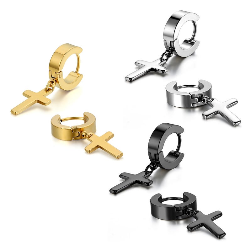 Cupimatch 3 Pairs Stainless Steel Cross Dangle Huggie Hinged Hoop Earrings for Men Women for Christmas - Image 1