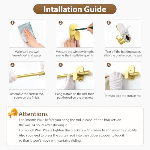 HOTOZON Curtain Rods No Drilling 32 to 43 Inch, HOTOZON 5/8 Inches No Drill Curtain Rods for Windows 20 to 39 Inches(1.7-3.2 ft), Renter Friendly Adjustable Small Drapery Rod for Lightweight Curtains, Gold - Image 4