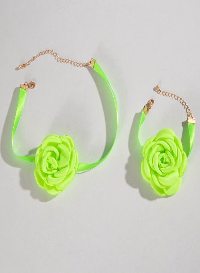 MarveBard Vintage Satin Camellia Flower Jewelry Set Bohemian 3D Flower Choker Necklace Bracelet Set Adjustable Lace Bridal Choker Necklace Bracelet Hypoallergenic Statement Summer Beach Wedding Accessories (Green) - Image 3