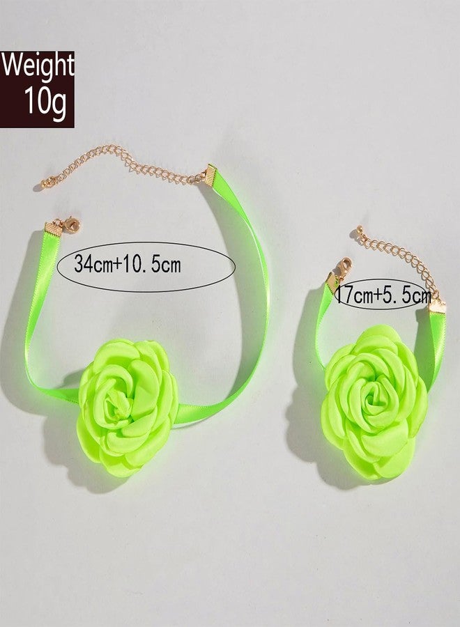 MarveBard Vintage Satin Camellia Flower Jewelry Set Bohemian 3D Flower Choker Necklace Bracelet Set Adjustable Lace Bridal Choker Necklace Bracelet Hypoallergenic Statement Summer Beach Wedding Accessories (Green) - Image 4