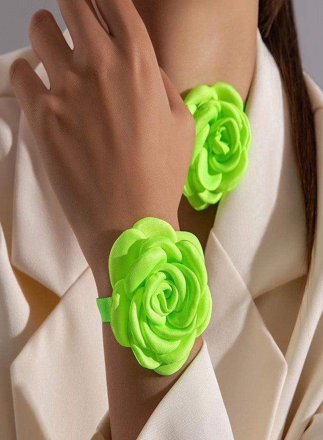MarveBard Vintage Satin Camellia Flower Jewelry Set Bohemian 3D Flower Choker Necklace Bracelet Set Adjustable Lace Bridal Choker Necklace Bracelet Hypoallergenic Statement Summer Beach Wedding Accessories (Green) - Image 2