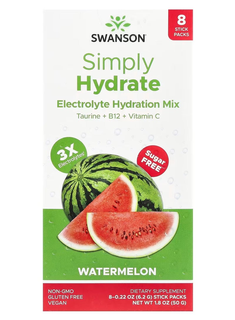 Swanson, Simply Hydrate, Electrolyte Hydration Mix, Watermelon, 8 Stick Packs 0.22 oz (6.2 g) Each