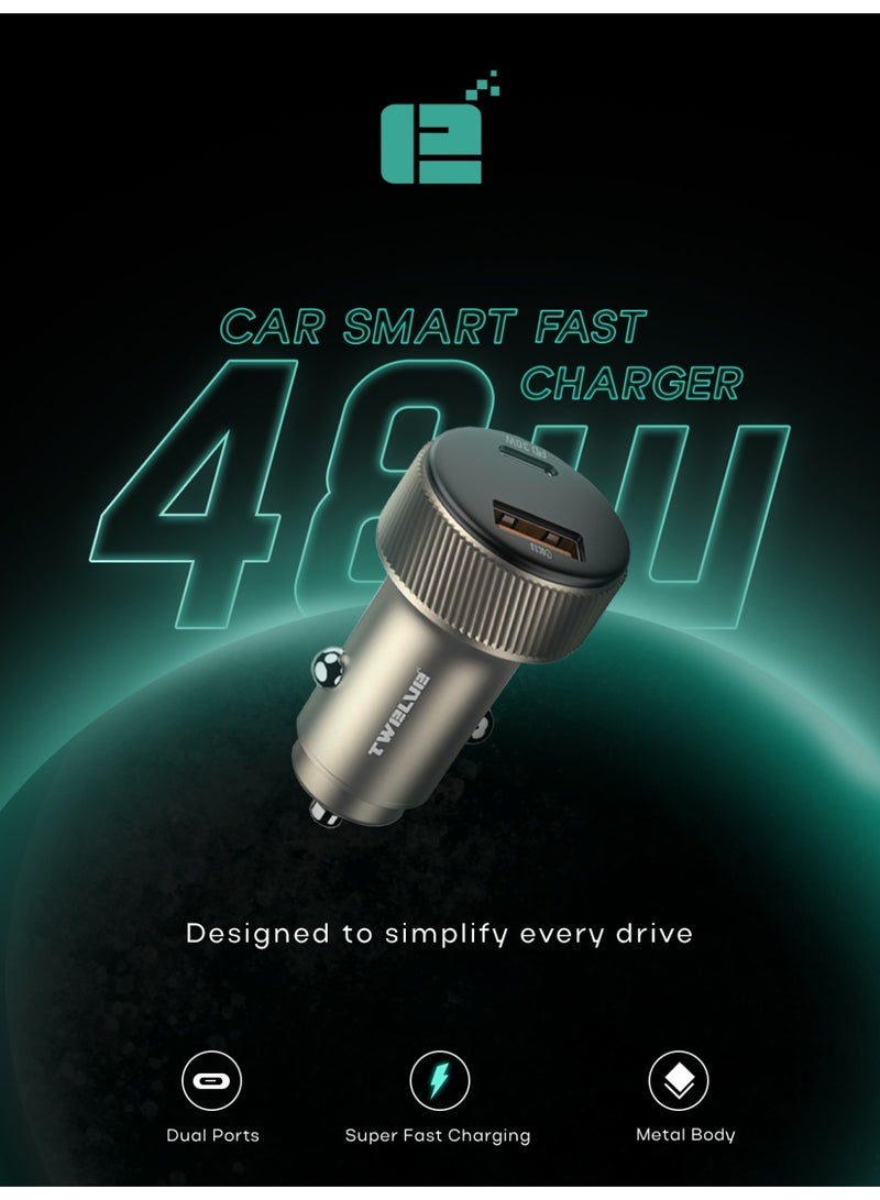 TWELVE 48W Fast Car Charger Dual Port USB-C & USB-A Metal Body Super Fast Charging Adapter for Smartphones and Tablets - Image 1