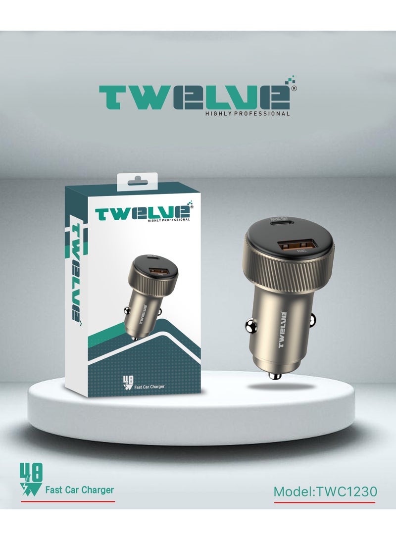 TWELVE 48W Fast Car Charger Dual Port USB-C & USB-A Metal Body Super Fast Charging Adapter for Smartphones and Tablets - Image 2