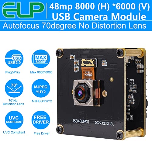 ELP 48MP Fast Autofocus USB Camera Module with 70degree No Distortion Lens for Computer Mini UVC USB2.0 Industrial Webcam Board 8000 * 6000 USB with Camera for Laptop PC Raspberry pi Jetson Nano - Image 2