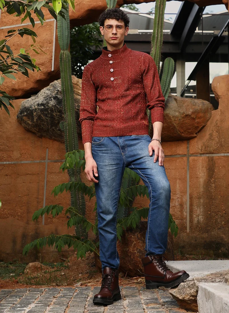 Campus Sutra Men's Terracotta Brown Heathered-Jacquard Knit Fisherman Sweater | Stand Collar , Ribbed Cuff Sleeves , Half-Button Closure , Ribbed-Straight Hem | Solid Jacquard For Casual & Daily Wear