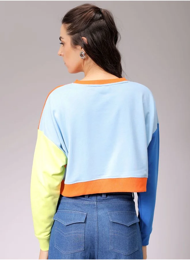 Freehand Women Boxy Fit Colourblocked Cropped Sweatshirt