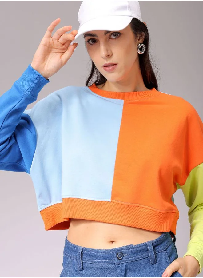 Freehand Women Boxy Fit Colourblocked Cropped Sweatshirt