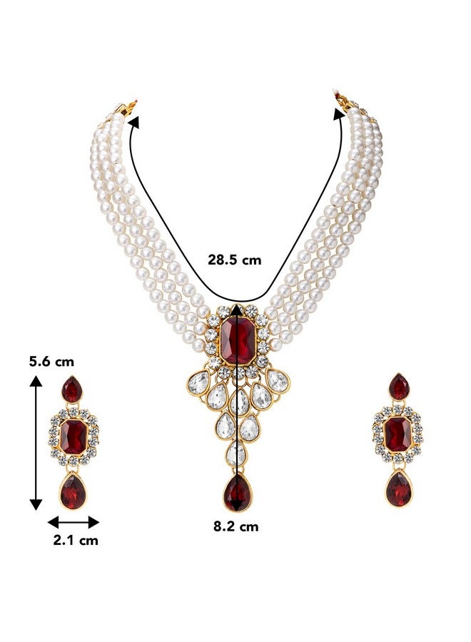 Peora Maroon Crystal Pearl Necklace Earring Traditional Jewellery Set for Women Girls - Image 4