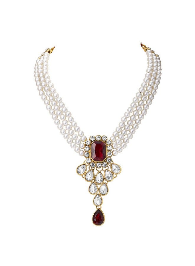 Peora Maroon Crystal Pearl Necklace Earring Traditional Jewellery Set for Women Girls - Image 5