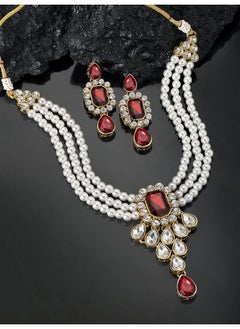 PEORA Peora Maroon Crystal Pearl Necklace Earring Traditional Jewellery Set for Women Girls  - Image 3